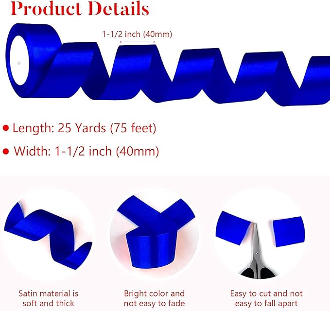 Blue Satin Ribbon 1-1/2 Inch x 2 Rolls Blue Wide Satin Fabric Ribbon for Gift Packaging, Christmas, Wedding, Flower Bouquet, Holiday Party, Invitation