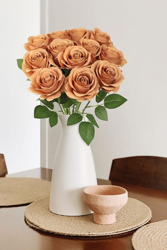 12pcs Roses Artificial Flowers Terracotta Fake Roses Flowers with Long Stems Silk Flowers for Wedding Bouquet Centerpices Decorations Party Bridal Baby Shower Home Decor