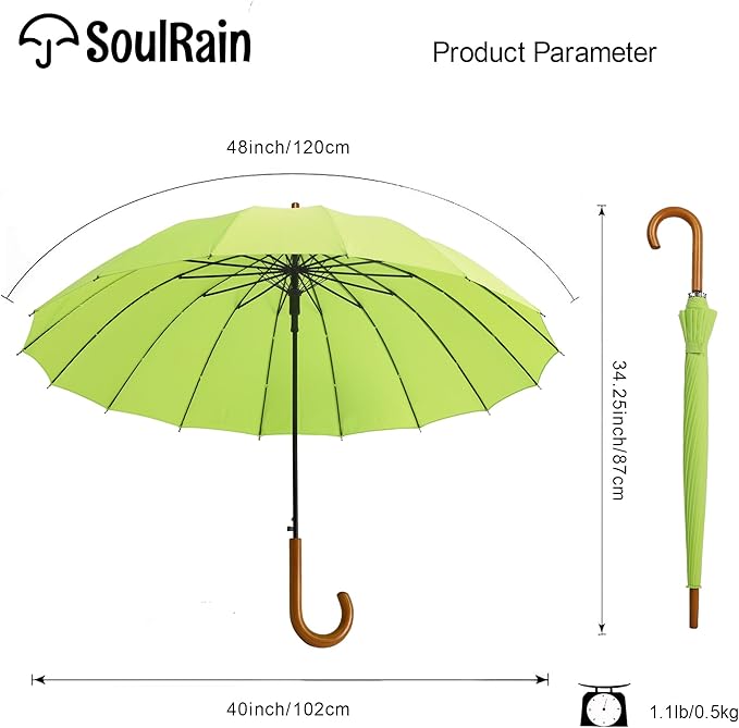SoulRain 16 Ribs 48" Stick Umbrella Auto Open Solid Color Fashionable and Simple，Arc Classic Wood Handle，Windproof Unbreakable Stick Rain Umbrella