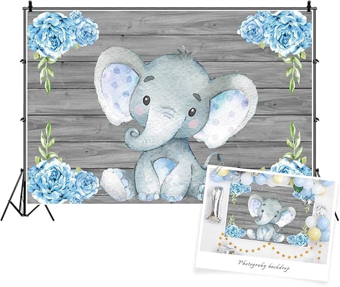 AOFOTO 12x10ft Elephant Rustic Grey Wooden Backdrop for Boy Baby Shower Watercolor Blue Floral Cartoon Animal Gender Reveal Photography Background It's a Boy Newborn Kids Birthday Party Decoration
