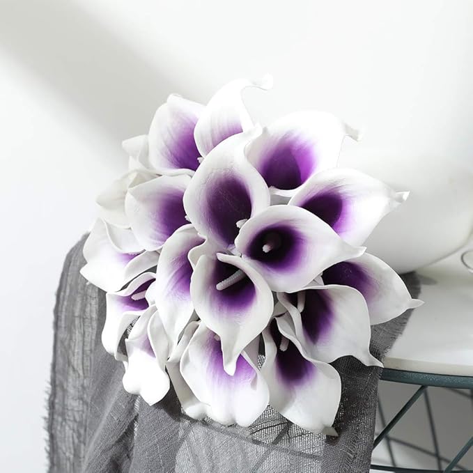 DuHouse 20Pcs Calla Lily Artificial Real Touch Latex Flowers Fake Wedding Bouquet Home Wedding Party Decor (Purple White)