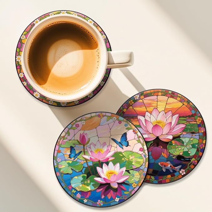 ANATTASOUL Coasters Set of 9 Lotus and Pond Pattern Colorful Wooden Coasters Bulk Round Housewarming Gift for New Home, 3.9" Decorative Coffee Table Protection for Farmhouse Bar House Decor