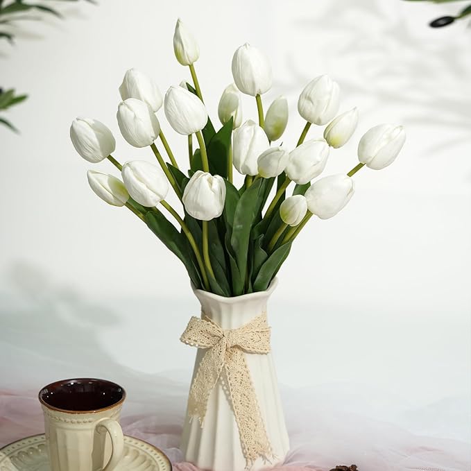 Real Touch Artificial Tulips, 20pcs Fake Tulip Flowers Stem, PU Faux Tulips 19.7” for Mother's Day, Home Decor, Wedding, Easter Valentine's Gift, Table Centerpiece, Floral Arrangements, White