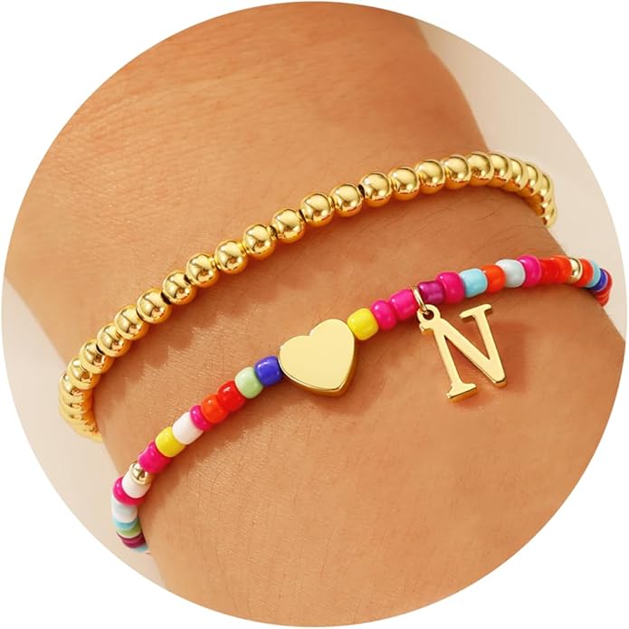 Ritach Christmas Gifts for Teens Girls Kids - 2PCS Colorful Heart Initial Bracelet Stackable Real Gold Plated Stretchable Beaded Bracelets for Teen Girls Kids Birthday Gifts Stocking Stuffers
