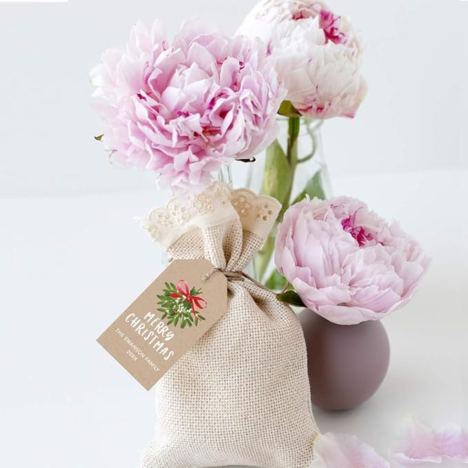 Andaz Press Personalized Christmas Holiday Season Classic Gift Tags, Merry Christmas Custom Family Name and Year, Kraft Brown with Mistletoe Design, for Holiday Events, Parties, and Favors, 60-Pack