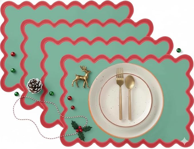 Folkulture Christmas Placemats | Set of 4, 13 x 19 Inches 100% Cotton Boho Place Mats or Heat Resistant Table Mats | Red Placemat or Green Table Place Mats | Christmas Table Decorations