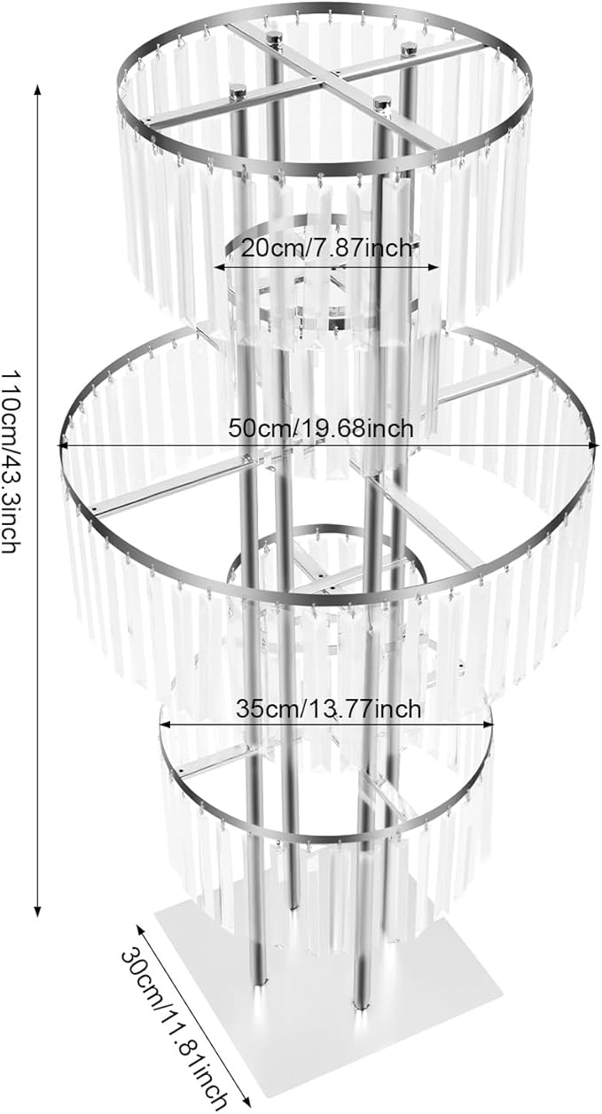 5 Tiers Wedding Centerpieces Vase, 43.3In Silver Acrylic Flower Vase with Hanging Crystals, Square Chandelier Pedestal Stand for Party Table Decoration Lawn Hotel