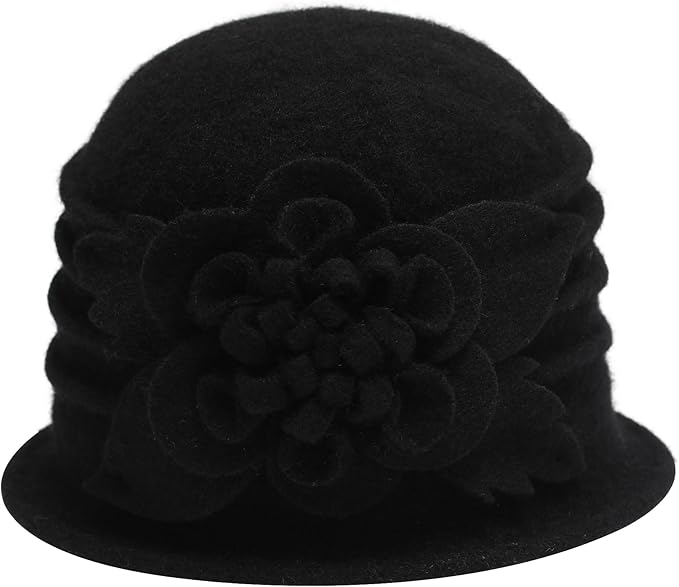 ZLYC Women Wool Cloche Bucket Hat 1920s Vintage Dress Winter Hats with Flower Accent