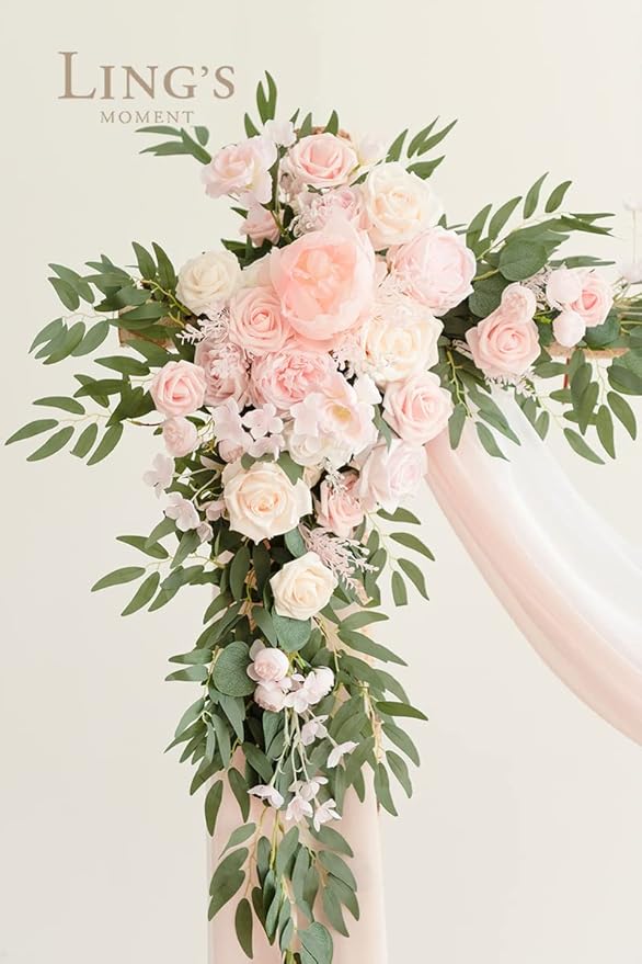 Ling's Moment Pink White Artificial Wedding Arch Flowers Kit Pack of 4, 2pcs Hanging Flower Arrangement 2pcs Chiffon Drapes Ceremony Reception Silk Rose Arbor Backdrop Floral Garden Outdoor Decoration