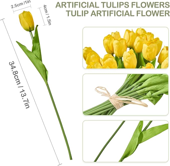 Artificial Flowers Mother's Day Easter Valentine's Day Gifts, Artificial Flowers Fake Tulips Flowers Home Kitchen Wedding Table Decorations a Bunch of 20 Yellow Tulips