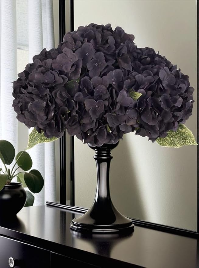 2Bouquets Artificial Fake Flowers Plants Silk Hydrangea Arrangements Wedding Bouquets Decorations Plastic Floral Home Kitchen Garden Party Festival Bar DIY (Black)