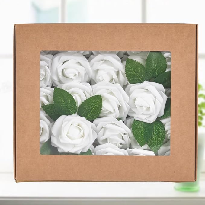 homEdge Artificial Rose, 25pcs Foam Artificial Flowers with Stem for Home Decorations, Wedding Bouquets, Party, Certerpieces, Anniversaries-White