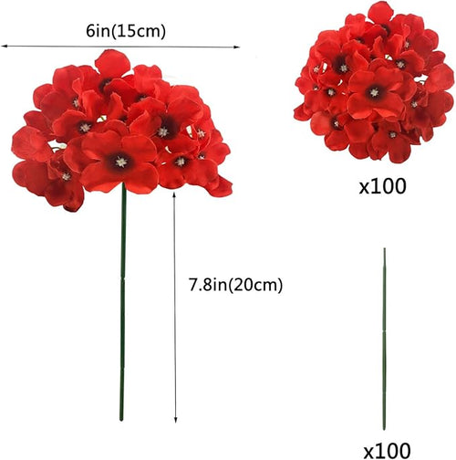 100PCS Artificial Hydrangea Flowers, Fake Flowers Silk Hydrangea Full Flowers Heads with Stems for Wedding Home Party Shop Baby Shower Decor (Dark Red)