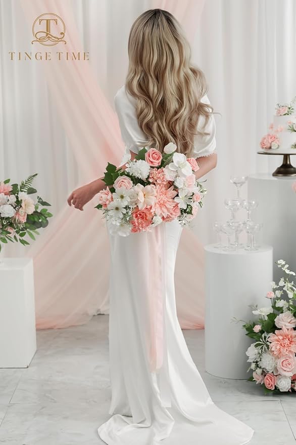TINGE TIME 11 Inch Wedding Bouquets for Bride, PeachPink&White Artificial Flowers Bouquet, Brides & Bridesmaids Bouquet for Wedding Anniversary Ceremony Bridal Shower Decorations