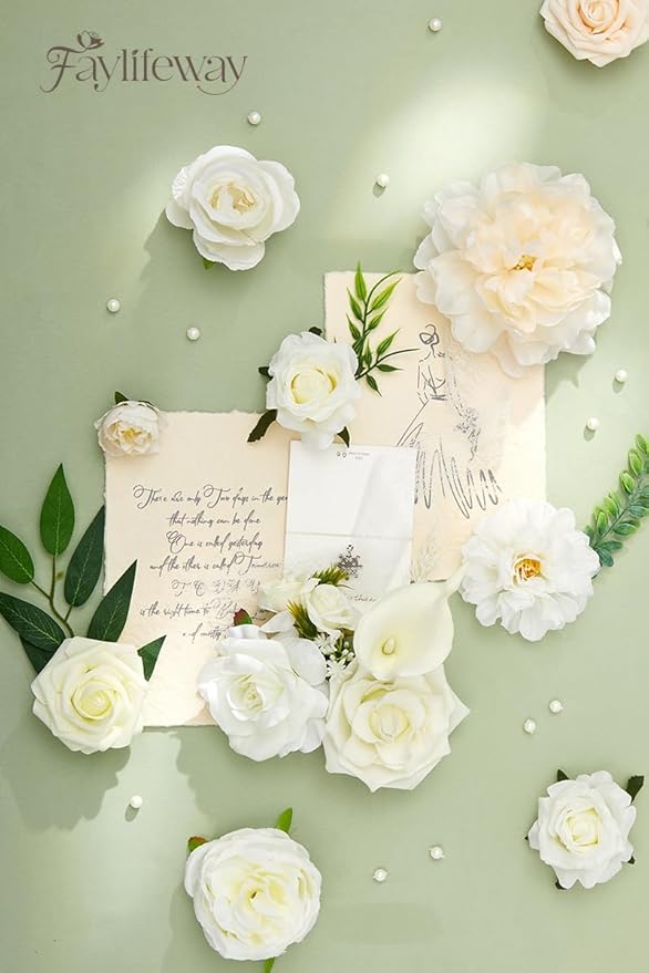 Artificial Flowers, White Silk Flowers for DIY Wedding Bridal Bouquets, Fake Cake Flowers for Centerpieces,Baby Shower, Table Arrangement, Home Party Decorations