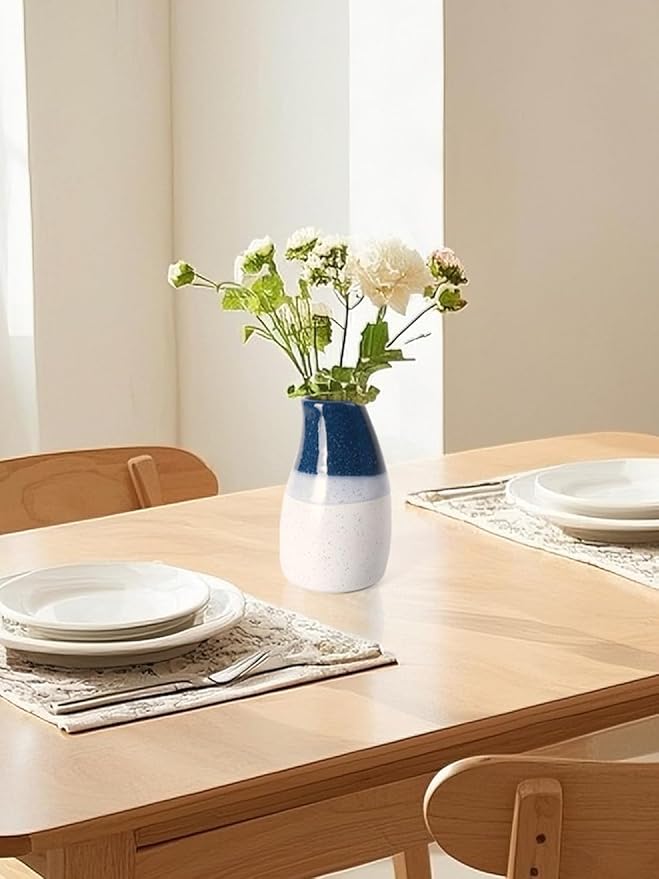 Ceramic Vase – 5.9” Tall Handmade Blue and White Glazed Pottery for Home Decor – Modern Asymmetrical Flower Vase for Living Room, Shelf, Table Centerpiece – 18oz / 500ml