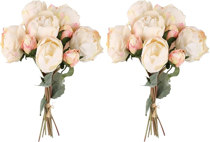 2 Bouquets Peonies Artificial Flowers, Vintage Peonies 18pcs White Fake Flowers for Home Decoration Wedding Decoration Bride Bouquet Silk Peonies for Flowers Crafts Floral Arrangement (White)