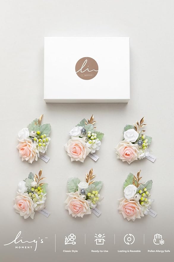 Ling's moment 6pcs Wedding Wrist Corsage Artificial Flowers, Girl/Mother Homecoming Prom Corsages Wristlet Décor, etc. Peach Pink