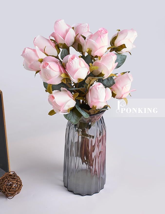 Rose Artificial Flower Buds 12pcs Realistic Faux Silk Roses Fake Flowers Bouquets Arrangements Decor for Wedding Spring Mother's Day, Home Table Decorations, Light Pink Flower