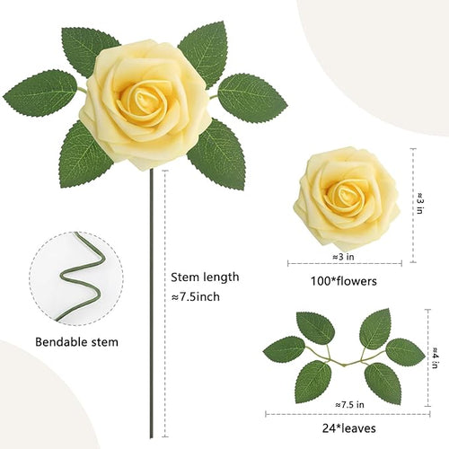 100Pcs Artificial Flowers Creamy Yellow Roses Real Looking Foam Fake Roses with Leaves and for DIY Wedding Bouquets Bridal Shower Centerpieces Party Decorations (Creamy Yellow, 100)
