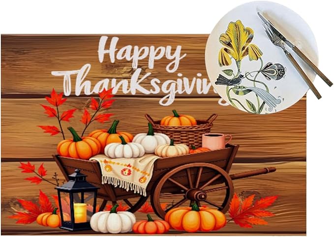 PVC Placemats Set of 4 Wipeable Table Mats Washable Heat Resistant Non Slip Vinyl Dining Table Mat for Kitchen Indoor Outdoor Patio Farmhouse Place Mats Thanksgiving Pumpkin Cart Decorative
