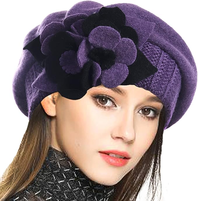 VECRY Lady French Beret 100% Wool Beret Floral Dress Beanie Winter Hat