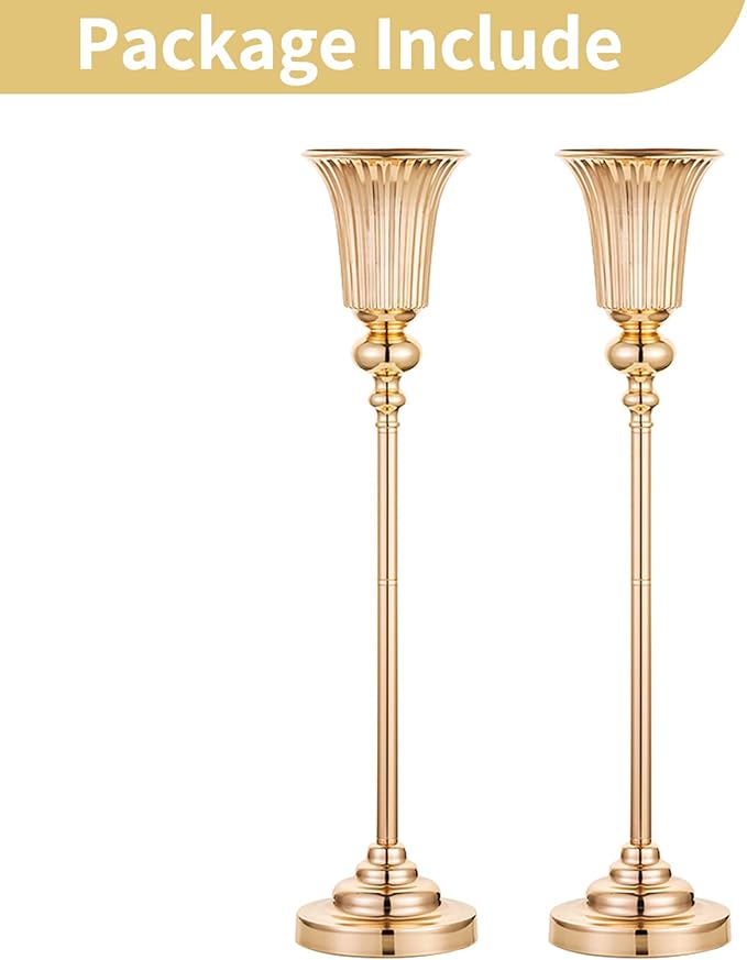 NUPTIO Metal Versatile Trumpet Vase, 26.7'' H x 6.2'' W x 5.7'' D, Gold, Set of 2, Ideal for Wedding, Events, and Home Decor