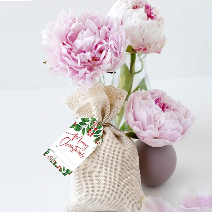 Andaz Press Christmas Holiday Season Classic Gift Tags, Merry Christmas to from Classic Favor Tags, Holly Greenery Leaves Design, for Holiday Events, Parties, and Favors, 60-Pack