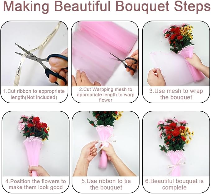 3PCS Flower Wrapping Mesh Paper，SEILETOO 4.37 Yards Pearl Edge Bouquet Packaging Paper for Party Favor Decor, Florist Supplies Wedding Gift Packaging