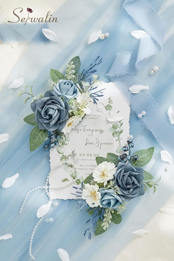 Serwalin 𝗦𝗲𝘁 𝗼𝗳 𝟮 Boutonniere for Men 𝟲-𝟳 𝗜𝗻𝗰𝗵 Corsage with Pins,Groom and Best Man Boutonnieres for Wedding Prom Ceremony Anniversary and Party Cake Topper(Dusty Blue)
