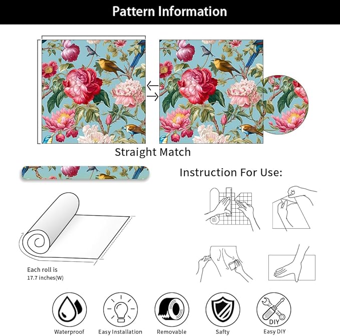 Vintage Pink Blue Peony Floral Birds Peel and Stick Wallpaper Easy Peel Off Contact Paper Stick on Adhesive Wall Paper for Bathroom Waterproof Renter Friendly