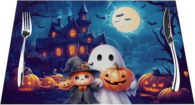 PVC Placemats Set of 6 Wipeable Table Mats Washable Heat Resistant Non Slip Vinyl Dining Table Mat for Kitchen Indoor Outdoor Patio Farmhouse Place Mats Halloween Castle Pumpkin Ghosts Decorative