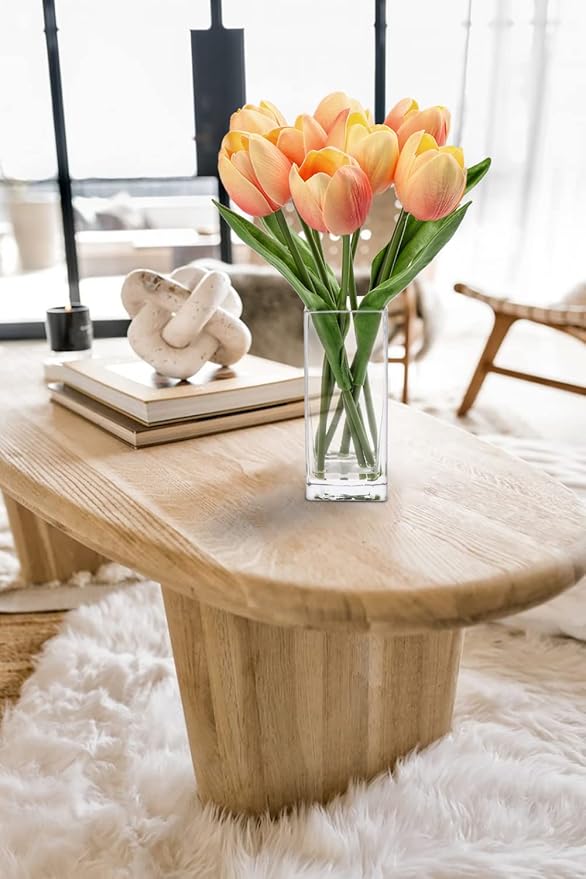 Briful Fake Flowers Artificial Tulip Flower Peach in Clear Vase, Real Touch Foam Tulip Arrangement Suitable for Home Office Decoration, Dining Table Centerpiece