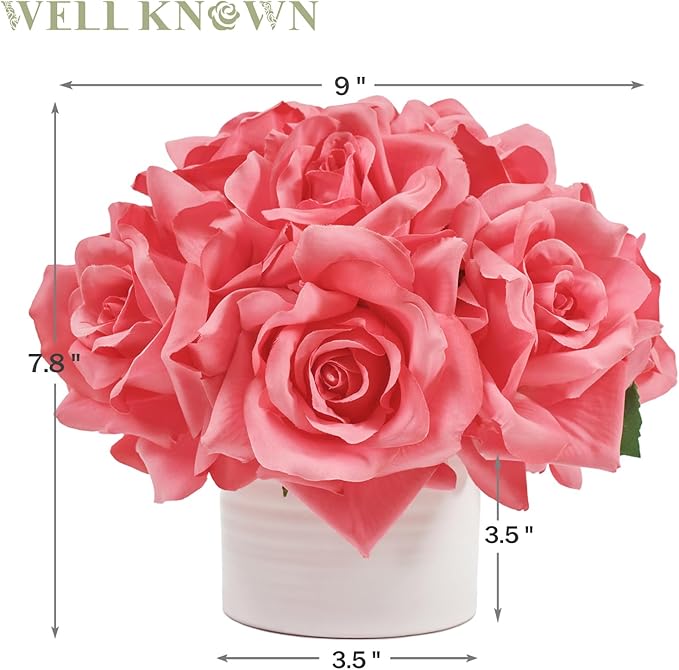 WELL KNOWN Artificial Flowers in Vase, Silk Rose Arrangement Mini Potted Realistic Fake Flowers with Ceramic Vase for Wedding Vanity Home Centerpiece Coffee Table Bathroom Anniversary Decor (Hot pink)