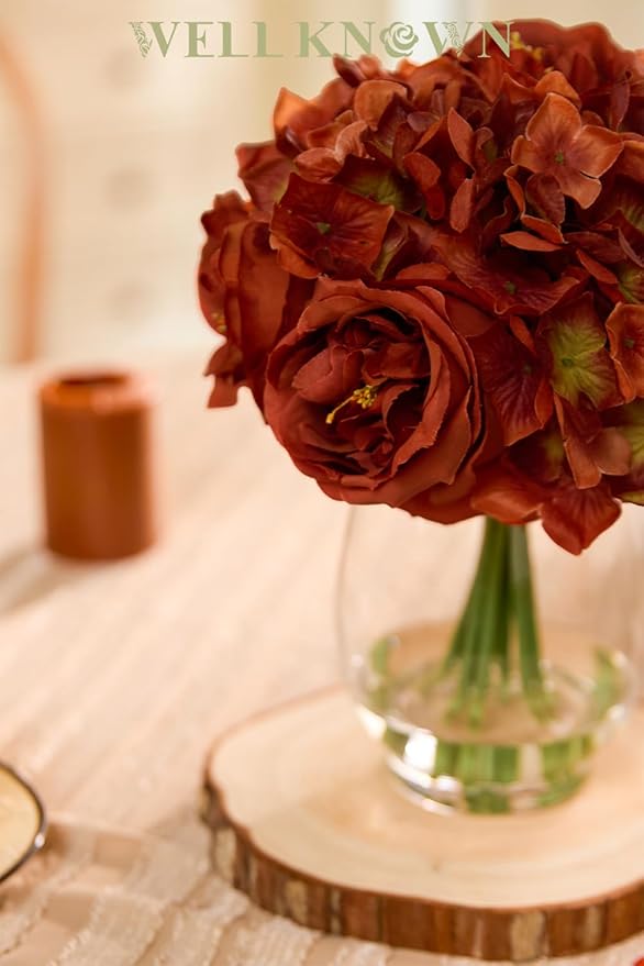 Burnt Orange Silk Peonies Artificial Flowers & Hydrangea in Glass Vase with Fake Water, Fake Austin Rose Bouquet with Vase for Fall Home Hotel Office Wedding Party Decor as Table Centerpieces & Gift