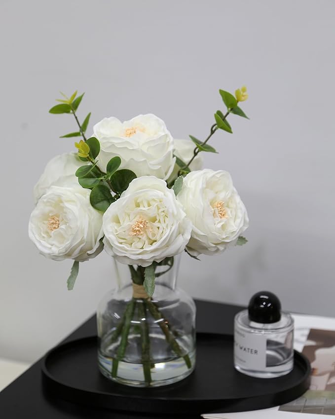 Artificial Flowers in vase, Vivid Faux Rose Flowers Arrangements, Austin Rose Centerpieces for Tables, Flower Ornaments and Flower Arts for Living Room (White)