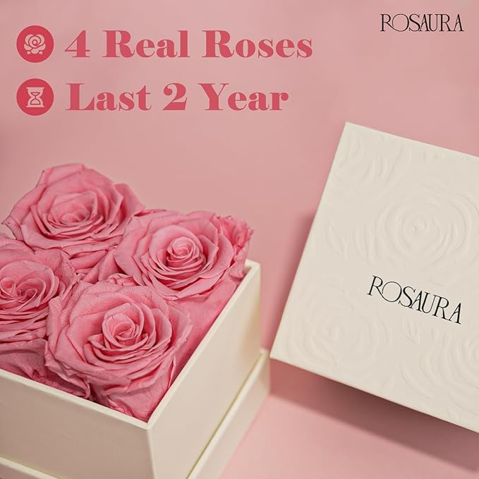 Rosaura 4-Piece Eternal Preserved Roses & Flowers Gift Box - Forever Lasting Real Roses, Preserved Flowers for Christmas, Valentine's Day Pink