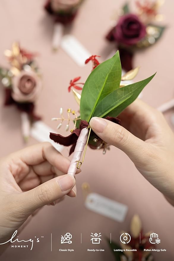 Ling's moment Boutonniere for Men, 6pcs Groom Groomsmen Boutonniere, Artificial Flowers for Wedding Decor/Prom/Homecoming, etc.Marsala Dusty Rose
