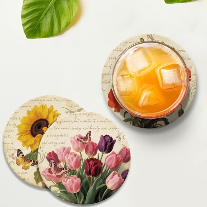 ANATTASOUL Coasters Set of 9 Retro Flowers Pattern Colorful Wooden Coasters Bulk Round Housewarming Gift for New Home, 3.9" Decorative Coffee Table Protection for Farmhouse Bar House Decor