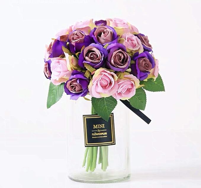Jasion Artificial Roses Flowers 12 Heads Arrangement Silk Bouquet for Home Office Parties Bridal and Wedding Decoration Without Vase (Purple)