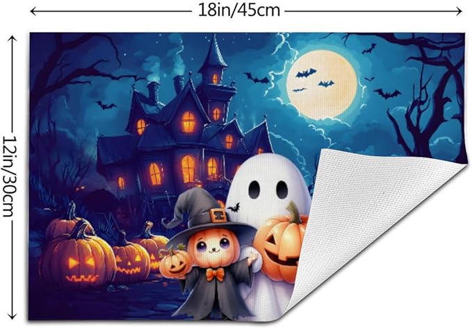 PVC Placemats Set of 4 Wipeable Table Mats Washable Heat Resistant Non Slip Vinyl Dining Table Mat for Kitchen Indoor Outdoor Patio Farmhouse Place Mats Halloween Castle Pumpkin Ghosts Decorative