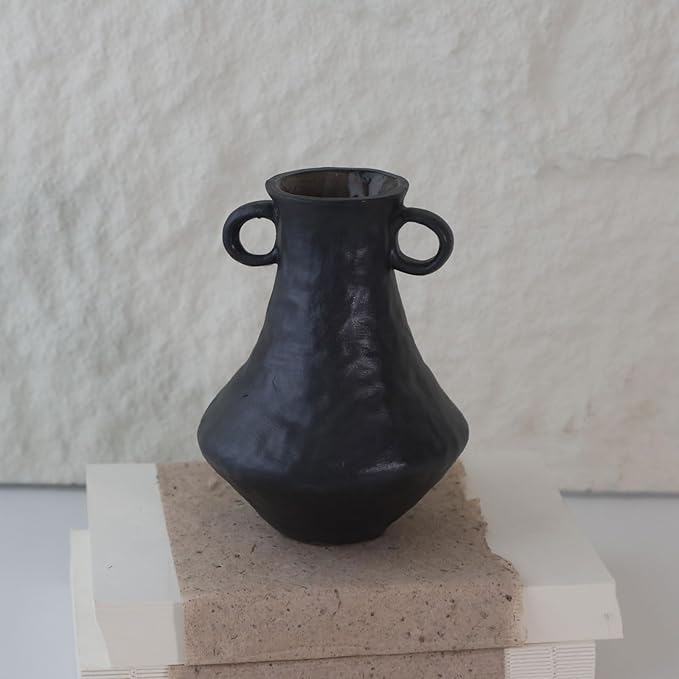 Rustic Small Ceramic Vase, Handcrafted Black Farmhouse Vase, Wabi Sabi Pottery Decor for Kitchen, Bedroom, Office, Living Room, Bathroom, Shelf Centerpiece Table