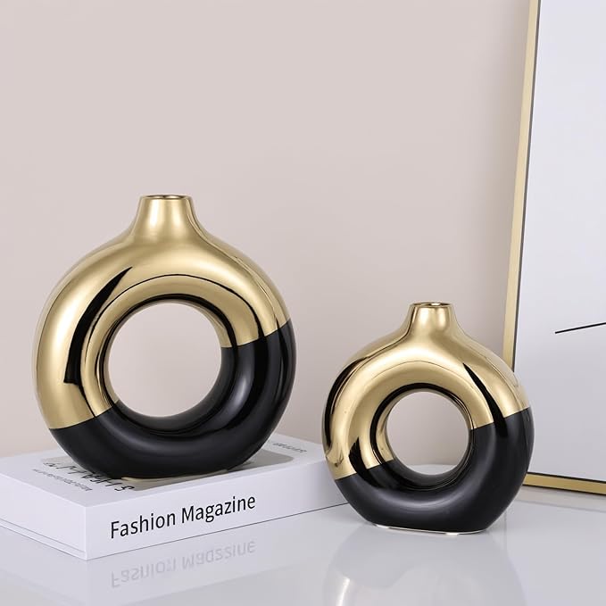 Black and Gold Vase Decor Donut Vase Set of 2 - Circle Hollow Vases, Modern Matte Ceramic Vases for Entryway Living Room Bedroom Dining Table Centerpiece Office Home Decor