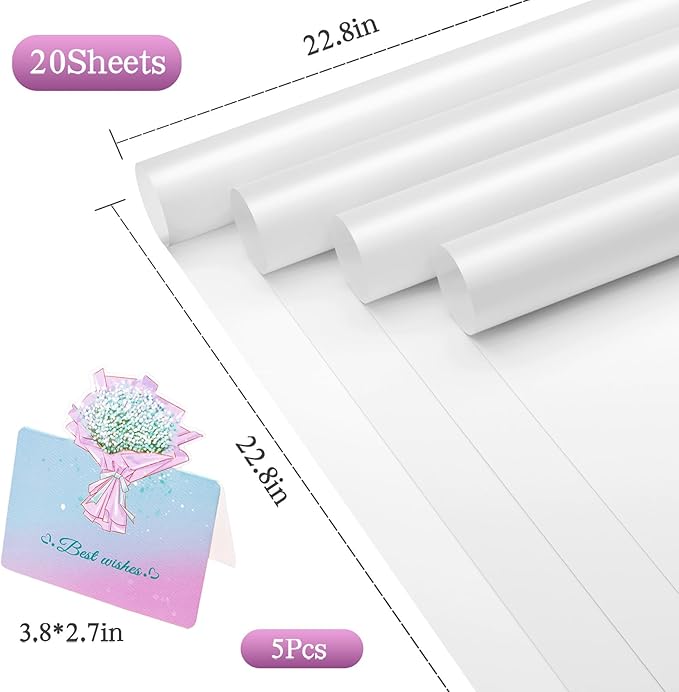 REAXYZNN 20 Sheets Flower Wrapping Paper, Waterproof Floral Wrapping Paper with Cards for DIY Craft, Florist Packaging Supplies for Birthday, Wedding, Mother's Day Gift (White)