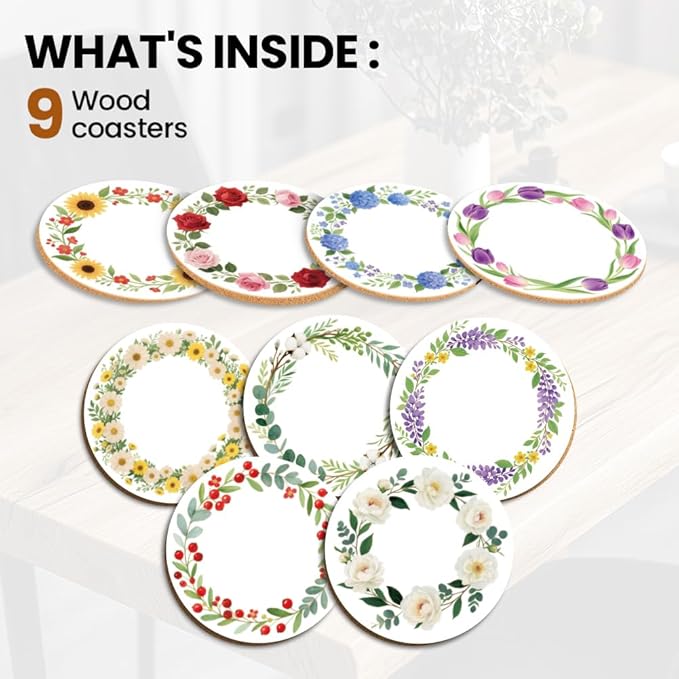 ANATTASOUL Coasters Set of 9 Plant Wreath Pattern Colorful Wooden Coasters Bulk Round Housewarming Gift for New Home, 3.9" Decorative Coffee Table Protection for Farmhouse Bar House Decor