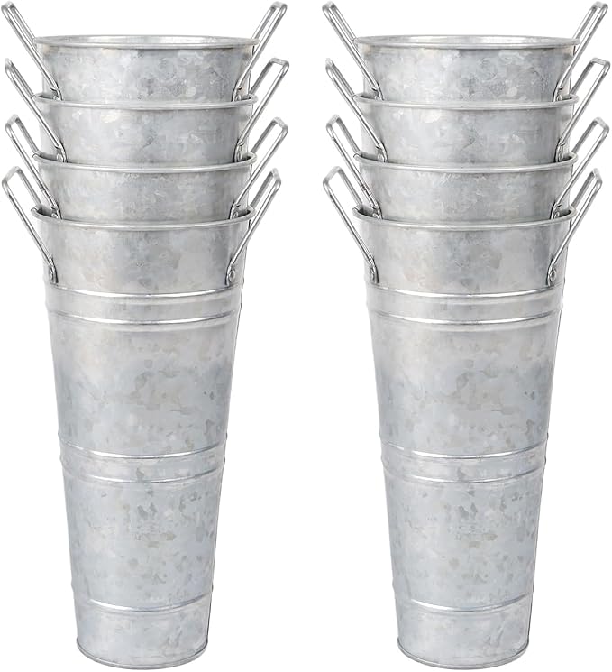 4pcs 10inch Small Galvanized Flower Bucket,Small Metal Vases for Flowers,Metal Vase,Flower Vases for Bouquet,Flower Buckets for Flower Bar Supplies (Silver,10inch Height,Set of4)