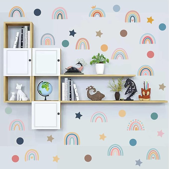 Rainbow Wall Decals for Children Room - 4 Sheets 76Pcs Boho Star & Dots Wall Stickers | Peel and Stick Nursery Decor, Playroom, Classroom | Removable Waterproof Wall Art