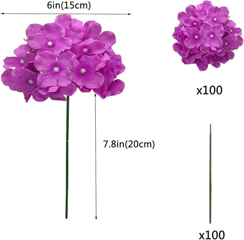 100PCS Artificial Hydrangea Flowers, Fake Flowers Silk Hydrangea Full Flowers Heads with Stems for Wedding Home Party Shop Baby Shower Decor (Red Purple)