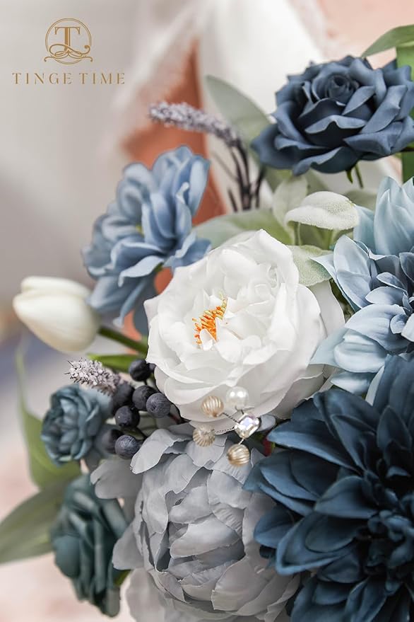 TINGE TIME 11 Inch Wedding Bouquets for Bride, Dustyblue Artificial Flowers Bouquet, Brides & Bridesmaids Bouquet for Wedding Anniversary Ceremony Bridal Shower Decorations