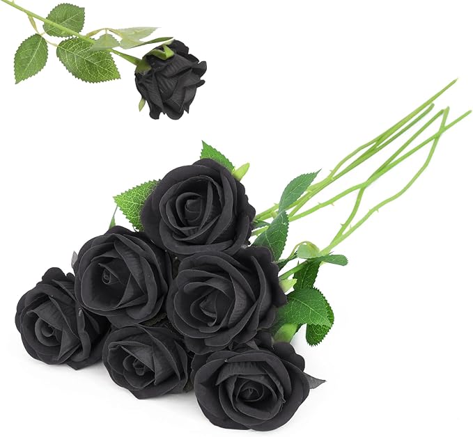 6 PCS Black Roses Artificial Flowers, Fake Roses Bouquet, Artificial Black Rose with Stems for Wedding Flowers Decoration, Valentines Day Mothers Day, Bridal Bouquet Rose